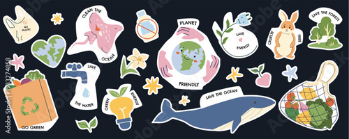 Cartoon eco stickers in retro style. Go green, save the ocean, recycle and protect planet concepts. Bright flat vector illustrations isolated on white.