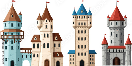 Medieval castle towers collection vector illustration featuring fantasy stone fortresses with red and blue roofs isolated on white background