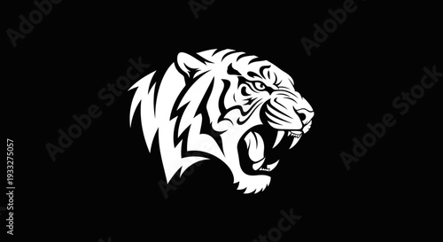 Powerful White Tiger Head Illustration with Roaring Expression on Black Background - Stylized Wild Animal Graphic Design