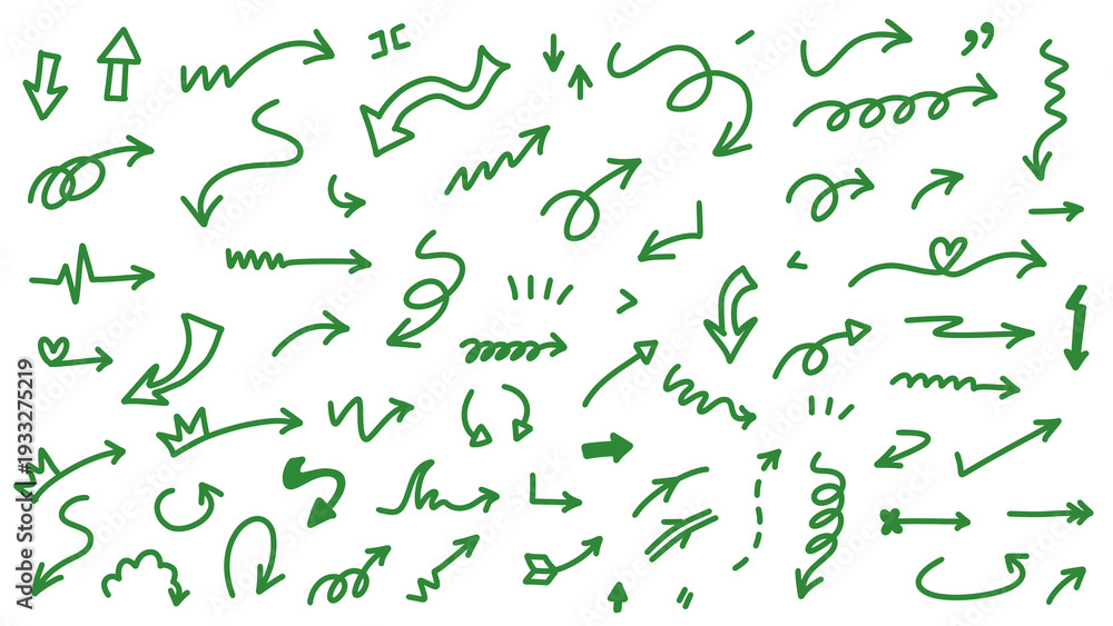 Fototapeta premium Hand-drawn Green Arrow Set, Illustration of various styles, directional pointers, Sketch Arrows, doodles, isolated vector graphic for design elements, transparent background