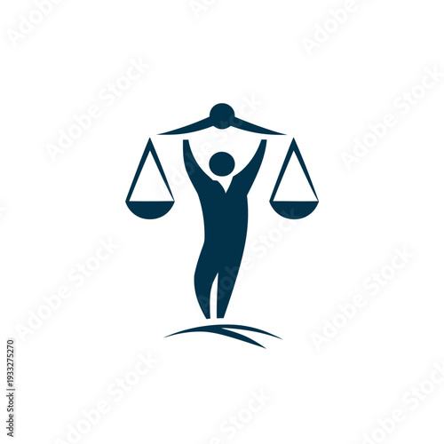 Stylized human holding balance scales icon representing justice, law, legal services, equality, fairness, and ethical principles.