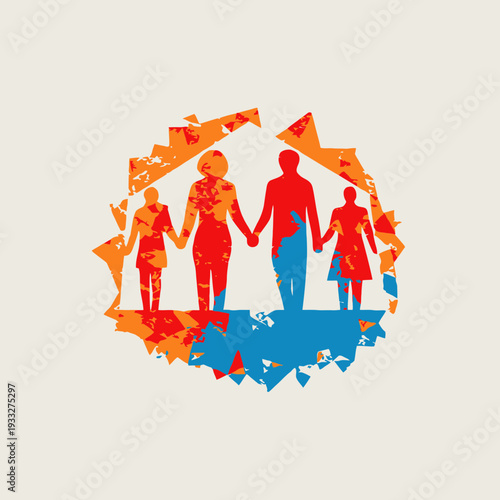 Abstract textured illustration of a happy family holding hands, depicting unity, protection, care, and togetherness in a grunge style.