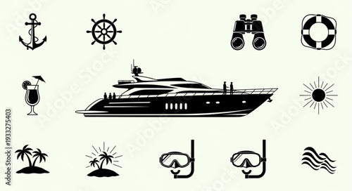 Luxurious yacht sailing on the ocean with various nautical elements around it.