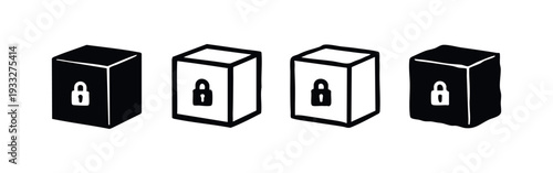 Hand-drawn isometric padlock box icons set. Secured data container 3D vector, private content symbol collection.
