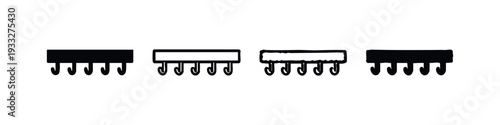 Coat rack or utility hook icons set. Wall mounted hanger with five hooks vector illustration, organizer symbol collection.
