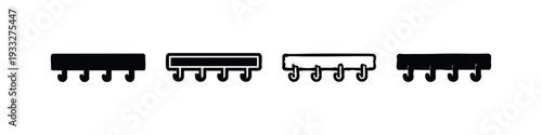 Hand-drawn coat rack with five hooks icon set. Wall hanger doodle vector illustration, utility organizer symbols collection.