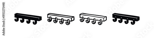 Hand-drawn isometric coat rack with hooks icons. 3D wall hanger doodle vector, utility organizer perspective symbols collection.