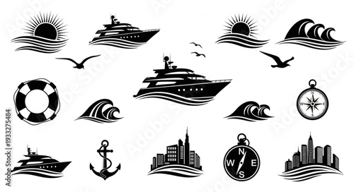 Collection of nautical themed illustrations featuring boats, waves, and cityscapes in black and white.
