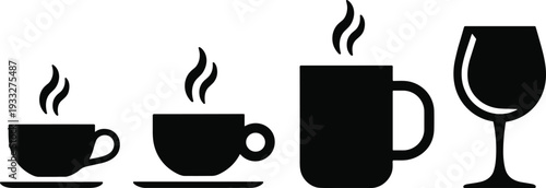 Black silhouette coffee cups and wine glass icon set isolated on white background for beverage menu design and cafe branding concept