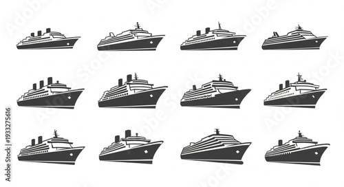 Collection of cruise ship illustrations showcasing various vessel designs and styles for travel.