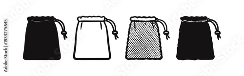 Collection of Drawstring Fabric and Mesh Pouch Vector Icons for Various Uses