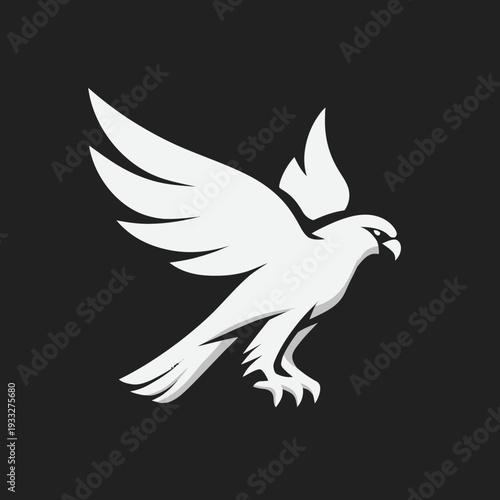 Majestic white bird of prey vector illustration. Powerful hawk or falcon with spread wings in a dynamic pose on a black background.