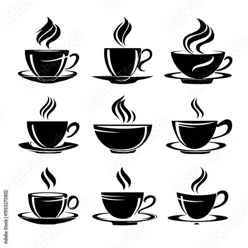 Vector set of black silhouette coffee cups with steam. Hot beverage mugs and teacups on saucers, ideal for cafe design elements.