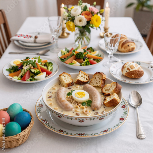 synthwave, an easter table is set for a traditional polish zurek meal with intricate decorations