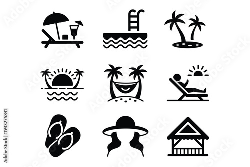 Summer Vacation Icon Set Featuring Beach Umbrella, Sun Lounger, Swimming Pool, Palm Trees, Flip Flops, Woman in Sun Hat and Tropical Resort Hut Silhouettes