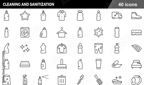 Cleaning and Sanitization Thin Line Icons Set Hygiene Supplies, Maintenance Tools, Disinfectant Products, Domestic Care and Sanitary Outcomes Symbols for Facility Management
