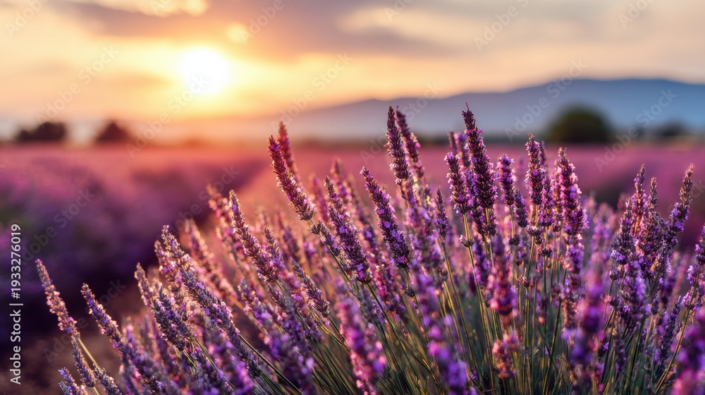 Fototapeta premium Lavender Fields in Provence During Sunset With Purple and Orange Colors Filling the Sky and a Soft Focus in the Foreground