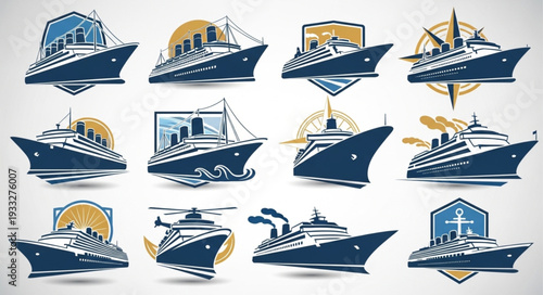 Collection of various cruise ship illustrations with different designs and styles for travel.