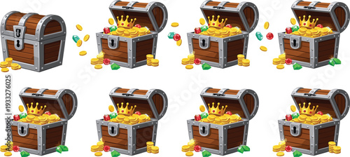 Set of Open Treasure Chests with Gold Coins Gems and Crown Cartoon Vector Illustration
