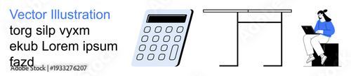 Business, workspace setup, financial planning, office tools, remote work, productivity. Image features a calculator, minimal desk and a person using a laptop. Business and productivity concept