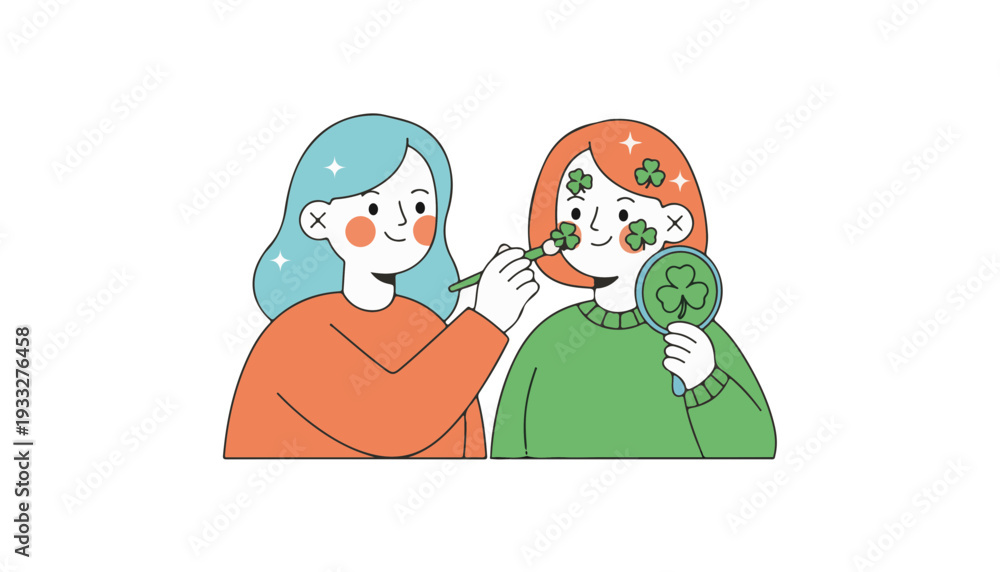 Fototapeta premium Women applying green shamrock face paint for Saint Patrick's Day festival celebration and friendship bonding activity