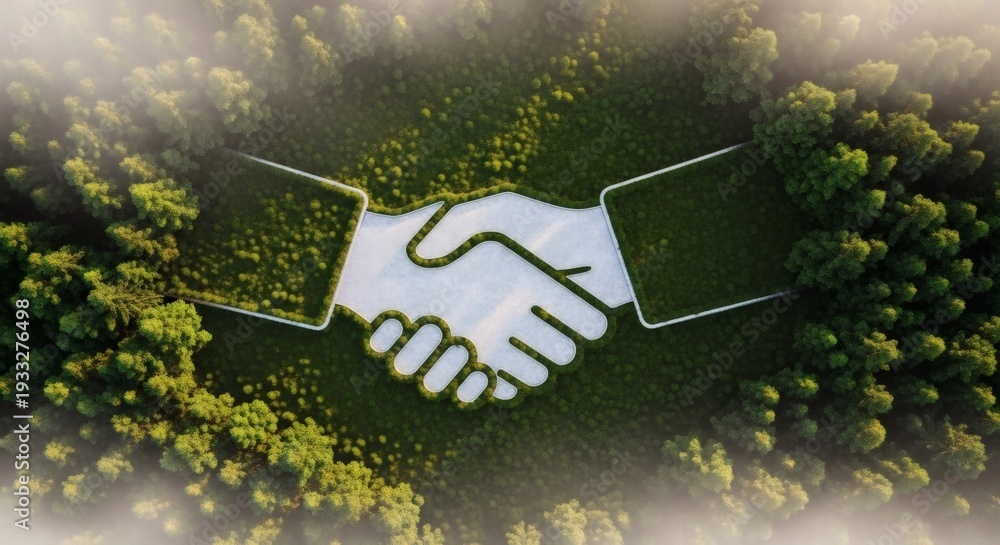 Naklejka premium Corporate sustainability alliance concept. White handshake icon embedded within vibrant forest landscape, expressing responsible partnership environmental stewardship and shared green vision. 