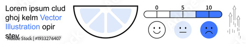 Customer feedback, data visualization, evaluation, happiness measurement, rating systems, survey results. Minimalist rating scale with expressions from happy to sad. Feedback and data visualization