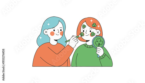 Women applying green shamrock face paint for Saint Patrick's Day festival celebration and friendship bonding activity
