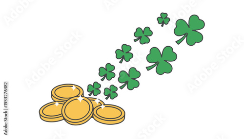 Gold coins with flying green shamrocks for financial prosperity and wealth luck concept on Saint Patrick's Day