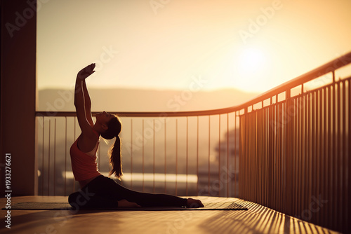 Woman Practicing Sunrise Yoga on Balcony