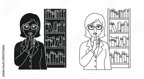 Woman with glasses shushing in front of bookshelves two variations