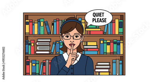 A librarian requests silence in a colorful illustrated library scene