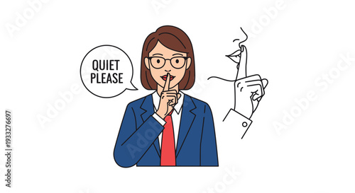 Woman gesturing for silence with a quiet please speech bubble