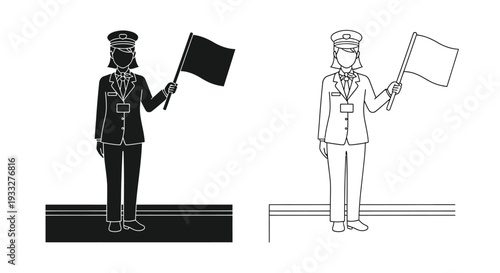 A race official waving a black and white flag illustrated in black and white
