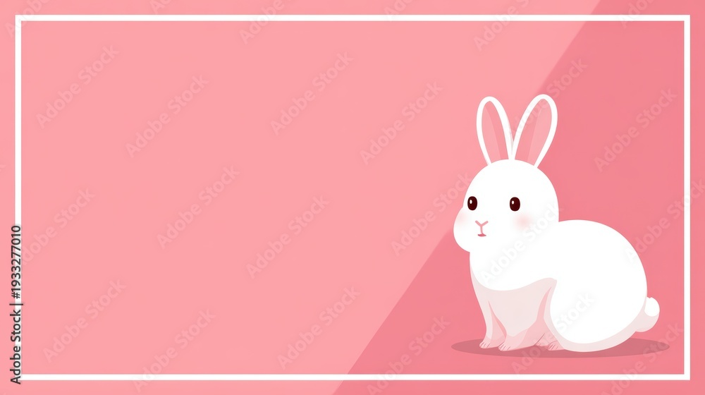 Fototapeta premium Cute white bunny rabbit on a soft pink background with a white frame for text