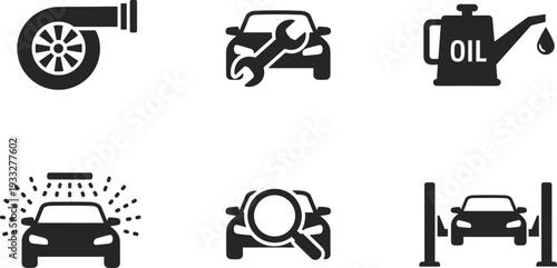 car, service, repair, turbo, oil, maintenance, diagnostic, wash, lift, mechanic, automotive, vehicle, garage, inspection, icon, set, vector, transport, engine, support