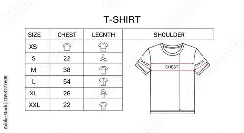 T shirt size guide with measurements for chest length and shoulder