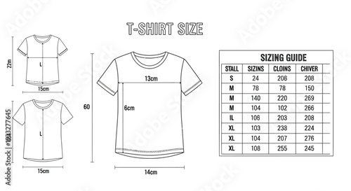 T shirt size guide with measurements and dimensions for various sizes