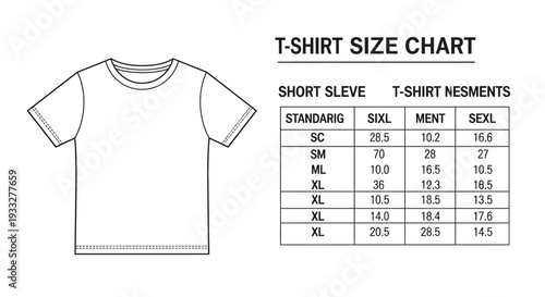 T shirt size chart displaying measurements for various sizes and genders