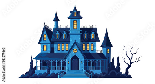 A detailed illustration of a spooky blue haunted mansion with turrets