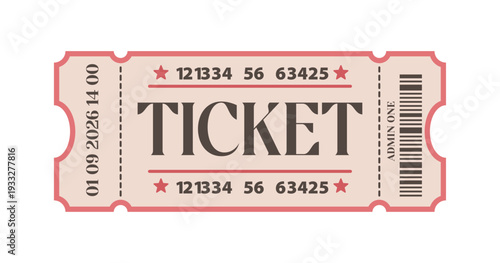 Retro red and beige coupon mockup, Admit One ticket in classic movie and carnival style, nostalgic vector pass mockup for events, posters, party invitations and festival graphics