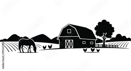 A black and white illustration of a farm scene with animals