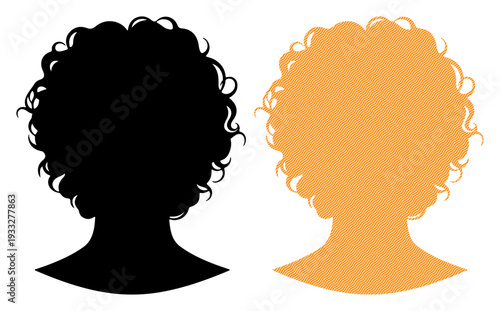 Silhouettes of two curly hairstyles, one black and one peach, against a white background.