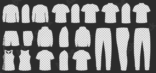 Set of men clothing silhouettes isolated on dark background. Collection of casual and formal apparel templates for fashion design. Flat vector illustration ideal for catalog, branding, and retail pres