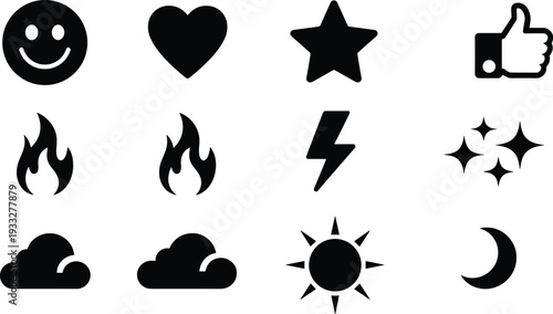 Black silhouette icon set featuring smiley face, heart, star, like, fire, lightning, cloud, sun and moon isolated on white background