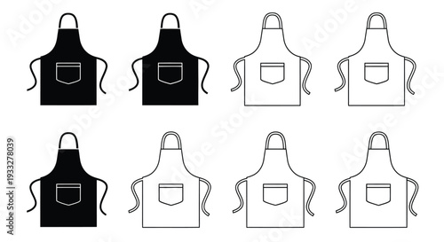 Four variations of kitchen aprons shown in black and white line art