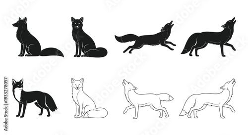 Stylized depictions of foxes in various poses and color schemes