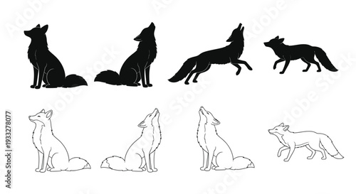 Four black silhouettes and four white line drawings of foxes