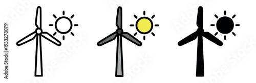 Wind turbine with a shining sun, representing solar and wind renewable energy. Includes outline, colored, and solid silhouette styles.