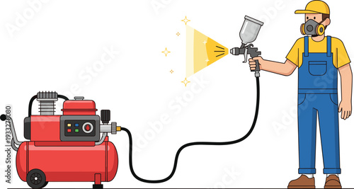 Industrial Worker Using Spray Gun with Air Compressor Cartoon Vector Illustration